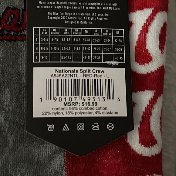 STANCE MEN’S SOCKS & MLB COLLABORATE ON THE NATIONALS SPLIT CREW SIZE LARGE NWT - Picture 2 of 2